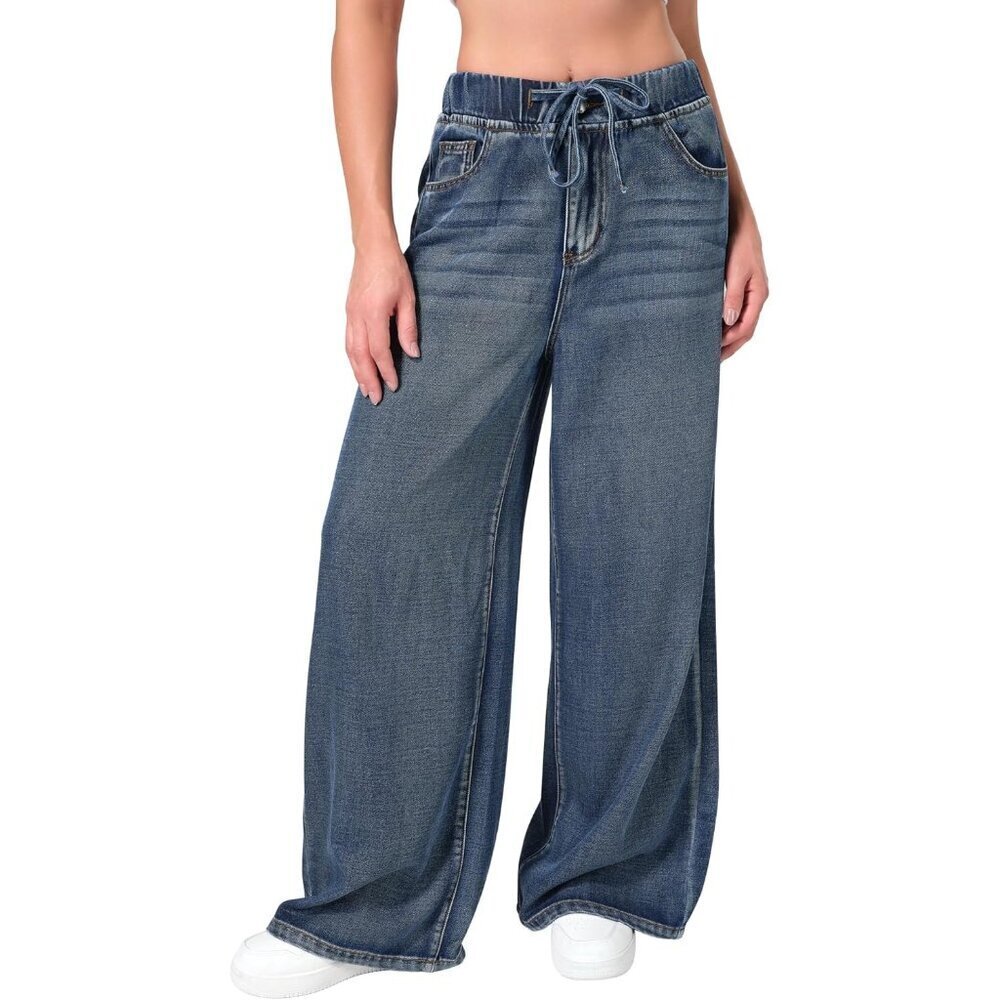 Women's Wide Leg Elastic Waist Sweatpants Denim Look Comfortable Casual